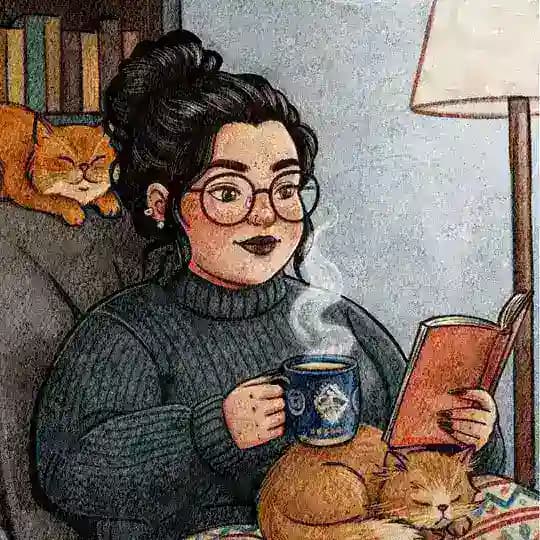 Подружка с книжкой, кружкой и кошкой